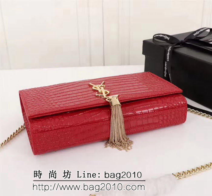 YSL聖羅蘭 經典金扣 鱷魚紋牛皮 時尚流蘇包 26700 YAS1123